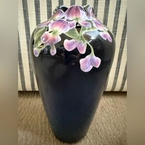 Vintage Franz black porcelain Floral Design vase